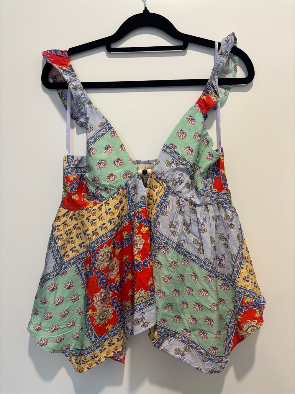 Monteau Patchwork Tie-Strap Camisole in Mint, Red, Yellow and Light Gray